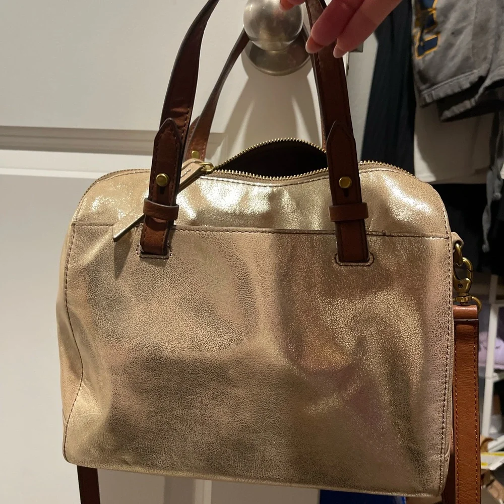 Fossil Metallic Gold Leather Satchel with Brown Handles
